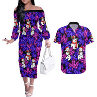 Christmas Snowman Leaves Couples Matching Off The Shoulder Long Sleeve Dress and Hawaiian Shirt Xmas Holiday Patterns - Wonder Print Shop