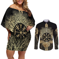 Vegvisir Compass Viking Couples Matching Off Shoulder Short Dress and Long Sleeve Button Shirt with Yggdrasil Tree and Axe Symbols Norse Mythology Tribute - Wonder Print Shop
