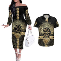 Vegvisir Compass Viking Couples Matching Off The Shoulder Long Sleeve Dress and Hawaiian Shirt with Yggdrasil Tree and Axe Symbols Norse Mythology Tribute - Wonder Print Shop