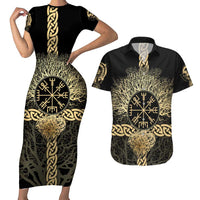 Vegvisir Compass Viking Couples Matching Short Sleeve Bodycon Dress and Hawaiian Shirt with Yggdrasil Tree and Axe Symbols Norse Mythology Tribute - Wonder Print Shop