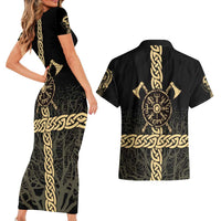 Vegvisir Compass Viking Couples Matching Short Sleeve Bodycon Dress and Hawaiian Shirt with Yggdrasil Tree and Axe Symbols Norse Mythology Tribute - Wonder Print Shop