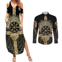 Vegvisir Compass Viking Couples Matching Summer Maxi Dress and Long Sleeve Button Shirt with Yggdrasil Tree and Axe Symbols Norse Mythology Tribute - Wonder Print Shop