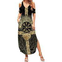 Vegvisir Compass Viking Family Matching Summer Maxi Dress and Hawaiian Shirt with Yggdrasil Tree and Axe Symbols Norse Mythology Tribute - Wonder Print Shop