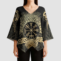 Vegvisir Compass Viking Kimono Sleeve Blouse with Yggdrasil Tree and Axe Symbols Norse Mythology Tribute - Wonder Print Shop