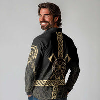 Vegvisir Compass Viking Long Sleeve Polo Shirt with Yggdrasil Tree and Axe Symbols Norse Mythology Tribute - Wonder Print Shop