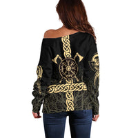 Vegvisir Compass Viking Off Shoulder Sweater with Yggdrasil Tree and Axe Symbols Norse Mythology Tribute - Wonder Print Shop
