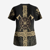Vegvisir Compass Viking Scrub Top with Yggdrasil Tree and Axe Symbols Norse Mythology Tribute - Wonder Print Shop