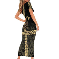 Vegvisir Compass Viking Short Sleeve Bodycon Dress with Yggdrasil Tree and Axe Symbols Norse Mythology Tribute - Wonder Print Shop