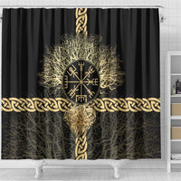 Vegvisir Compass Viking Shower Curtain with Yggdrasil Tree and Axe Symbols Norse Mythology Tribute - Wonder Print Shop