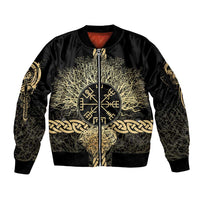 Vegvisir Compass Viking Sleeve Zip Bomber Jacket with Yggdrasil Tree and Axe Symbols Norse Mythology Tribute - Wonder Print Shop