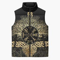 Vegvisir Compass Viking Sleeveless Puffer Jacket with Yggdrasil Tree and Axe Symbols Norse Mythology Tribute - Wonder Print Shop