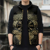 Vegvisir Compass Viking Sleeveless Puffer Jacket with Yggdrasil Tree and Axe Symbols Norse Mythology Tribute - Wonder Print Shop