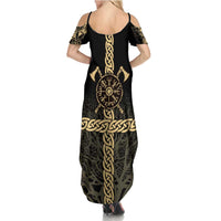 Vegvisir Compass Viking Summer Maxi Dress with Yggdrasil Tree and Axe Symbols Norse Mythology Tribute - Wonder Print Shop