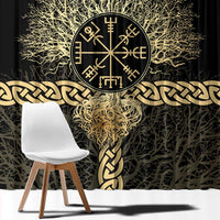 Vegvisir Compass Viking Window Curtain with Yggdrasil Tree and Axe Symbols Norse Mythology Tribute - Wonder Print Shop