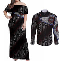 Fenrir Wolf Viking Couples Matching Off Shoulder Maxi Dress and Long Sleeve Button Shirt with Vegvisir Runes and Red Circle Norse Legend Tribute - Wonder Print Shop