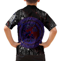 Fenrir Wolf Viking Family Matching Off The Shoulder Long Sleeve Dress and Hawaiian Shirt with Vegvisir Runes and Red Circle Norse Legend Tribute - Wonder Print Shop