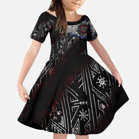 Fenrir Wolf Viking Family Matching Off The Shoulder Long Sleeve Dress and Hawaiian Shirt with Vegvisir Runes and Red Circle Norse Legend Tribute - Wonder Print Shop