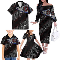 Fenrir Wolf Viking Family Matching Off The Shoulder Long Sleeve Dress and Hawaiian Shirt with Vegvisir Runes and Red Circle Norse Legend Tribute - Wonder Print Shop