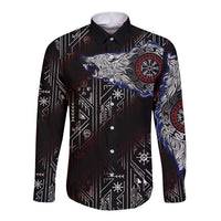 Fenrir Wolf Viking Long Sleeve Button Shirt with Vegvisir Runes and Red Circle Norse Legend Tribute - Wonder Print Shop