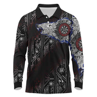 Fenrir Wolf Viking Long Sleeve Polo Shirt with Vegvisir Runes and Red Circle Norse Legend Tribute - Wonder Print Shop
