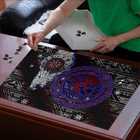Fenrir Wolf Viking Puzzle with Vegvisir Runes and Red Circle Norse Legend Tribute - Wonder Print Shop