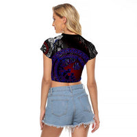 Fenrir Wolf Viking Raglan Cropped T Shirt with Vegvisir Runes and Red Circle Norse Legend Tribute - Wonder Print Shop