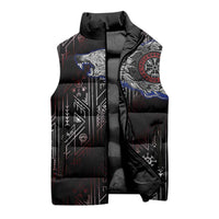 Fenrir Wolf Viking Sleeveless Puffer Jacket with Vegvisir Runes and Red Circle Norse Legend Tribute - Wonder Print Shop