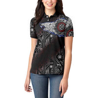 Fenrir Wolf Viking Women Polo Shirt with Vegvisir Runes and Red Circle Norse Legend Tribute - Wonder Print Shop