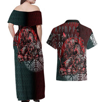 Viking Warrior Couples Matching Off Shoulder Maxi Dress and Hawaiian Shirt with Runes and Blood Battle Scene Norse Valor Tribute - Wonder Print Shop