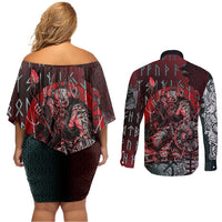 Viking Warrior Couples Matching Off Shoulder Short Dress and Long Sleeve Button Shirt with Runes and Blood Battle Scene Norse Valor Tribute - Wonder Print Shop