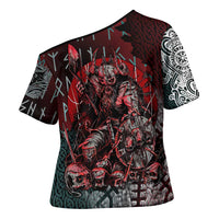 Viking Warrior Cross Shoulder Shirt with Runes and Blood Battle Scene Norse Valor Tribute - Wonder Print Shop