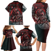 Viking Warrior Family Matching Long Sleeve Bodycon Dress and Hawaiian Shirt with Runes and Blood Battle Scene Norse Valor Tribute - Wonder Print Shop
