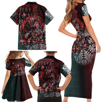 Viking Warrior Family Matching Short Sleeve Bodycon Dress and Hawaiian Shirt with Runes and Blood Battle Scene Norse Valor Tribute - Wonder Print Shop