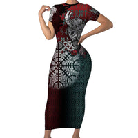 Viking Warrior Family Matching Short Sleeve Bodycon Dress and Hawaiian Shirt with Runes and Blood Battle Scene Norse Valor Tribute - Wonder Print Shop