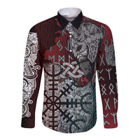 Viking Warrior Long Sleeve Button Shirt with Runes and Blood Battle Scene Norse Valor Tribute - Wonder Print Shop