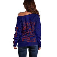 Valhalla Warrior Viking Off Shoulder Sweater with Axes and Norse Symbols Norse Mythology Tribute - Wonder Print Shop