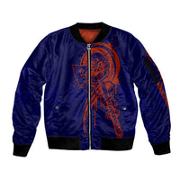 Valhalla Warrior Viking Sleeve Zip Bomber Jacket with Axes and Norse Symbols Norse Mythology Tribute - Wonder Print Shop