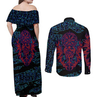 Odin Raven Viking Couples Matching Off Shoulder Maxi Dress and Long Sleeve Button Shirt with Valknut and Runes Norse Mythology and Magic Tribute - Wonder Print Shop