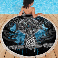 Thor Hammer Viking Beach Blanket with Celtic Knots and Blue Splatter Norse Heritage Tribute - Wonder Print Shop