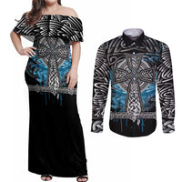 Thor Hammer Viking Couples Matching Off Shoulder Maxi Dress and Long Sleeve Button Shirt with Celtic Knots and Blue Splatter Norse Heritage Tribute - Wonder Print Shop