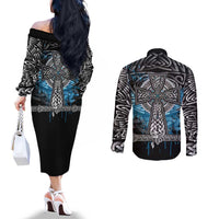 Thor Hammer Viking Couples Matching Off The Shoulder Long Sleeve Dress and Long Sleeve Button Shirt with Celtic Knots and Blue Splatter Norse Heritage Tribute - Wonder Print Shop