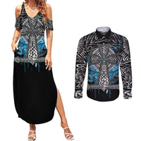 Thor Hammer Viking Couples Matching Summer Maxi Dress and Long Sleeve Button Shirt with Celtic Knots and Blue Splatter Norse Heritage Tribute - Wonder Print Shop