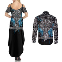 Thor Hammer Viking Couples Matching Summer Maxi Dress and Long Sleeve Button Shirt with Celtic Knots and Blue Splatter Norse Heritage Tribute - Wonder Print Shop