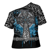 Thor Hammer Viking Cross Shoulder Shirt with Celtic Knots and Blue Splatter Norse Heritage Tribute - Wonder Print Shop