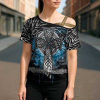 Thor Hammer Viking Cross Shoulder Shirt with Celtic Knots and Blue Splatter Norse Heritage Tribute - Wonder Print Shop
