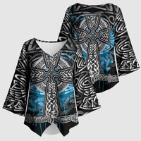 Thor Hammer Viking Kimono Sleeve Blouse with Celtic Knots and Blue Splatter Norse Heritage Tribute - Wonder Print Shop