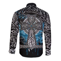 Thor Hammer Viking Long Sleeve Button Shirt with Celtic Knots and Blue Splatter Norse Heritage Tribute - Wonder Print Shop