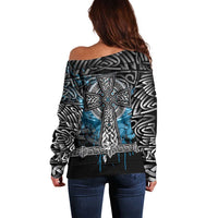 Thor Hammer Viking Off Shoulder Sweater with Celtic Knots and Blue Splatter Norse Heritage Tribute - Wonder Print Shop