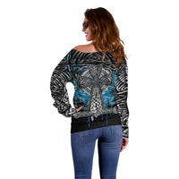 Thor Hammer Viking Off Shoulder Sweater with Celtic Knots and Blue Splatter Norse Heritage Tribute - Wonder Print Shop