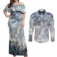 The Eagle Spirit Native American Couples Matching Off Shoulder Maxi Dress and Long Sleeve Button Shirt Soaring Bald Eagle and Tribal Feathers Watercolor Sky - Wonder Print Shop